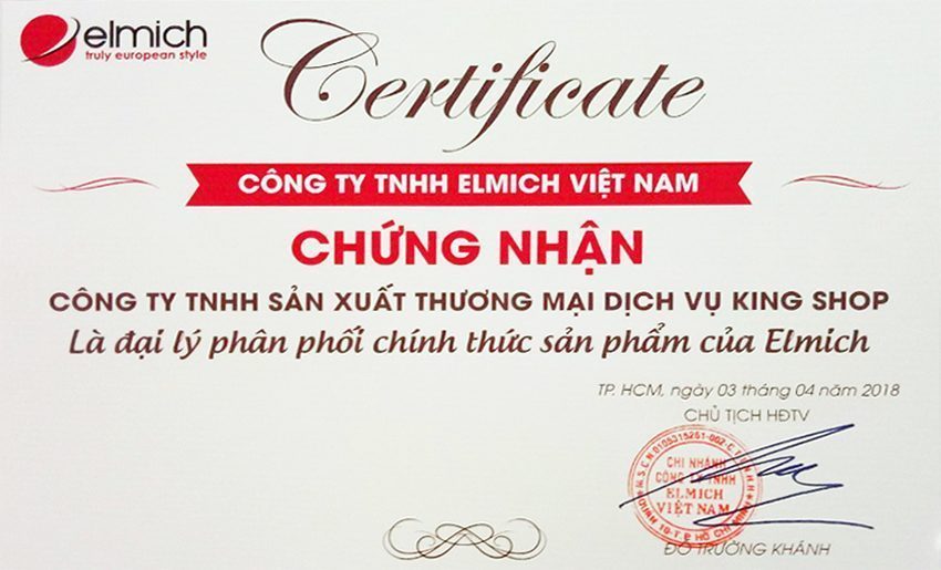 Chứng nhận đại lý phân phối chính thức sản phẩm của Elmich